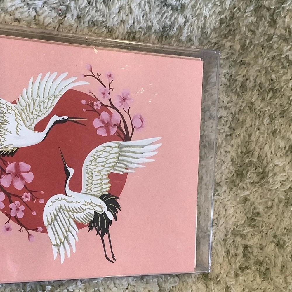 White Crane Red Moon Floral Boxed Note Cards Paper Source NWT set of 10